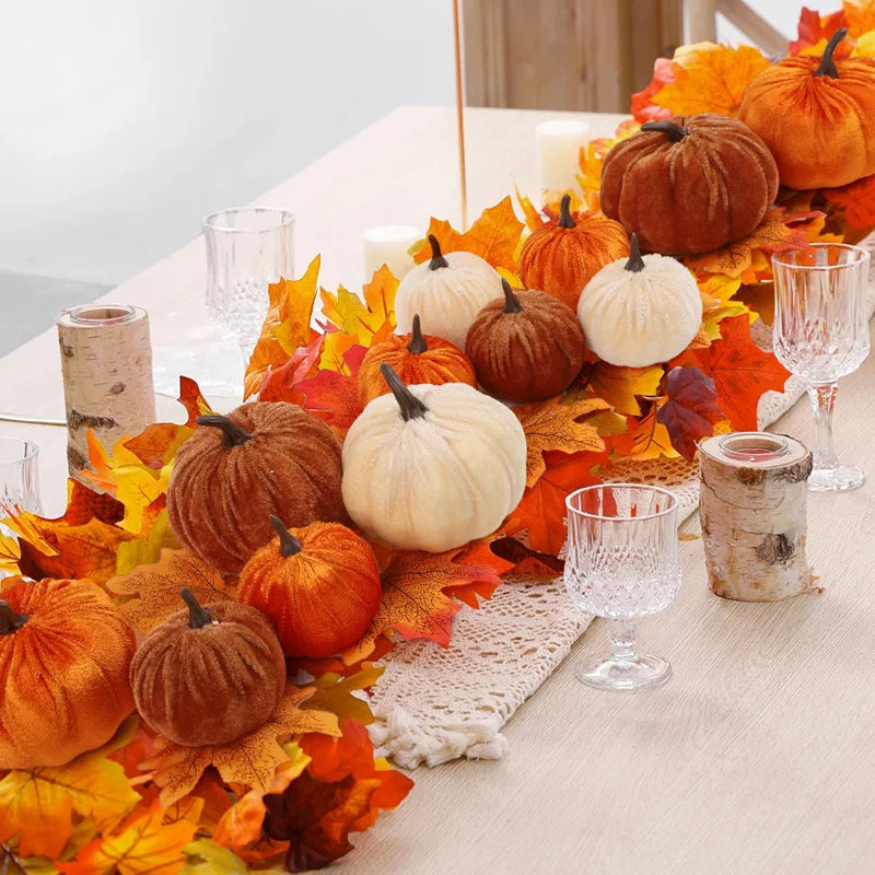9Pcs Velvet Artificial Pumpkin Ornaments Halloween Party Thanksgiving Dinner Table Decoration Autumn Fall Home DIY Craft Wreath