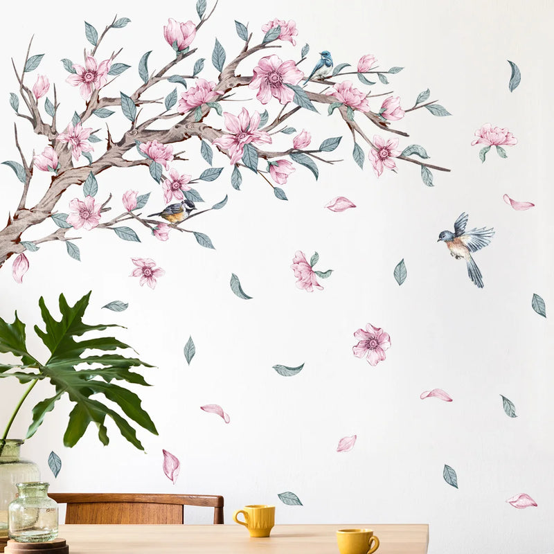 Fresh Branches Wall Sticker Butterflies Birds Wallpaper Pink Flowers Wall Sticker Living Room Bedroom Home Decor Decals Murals