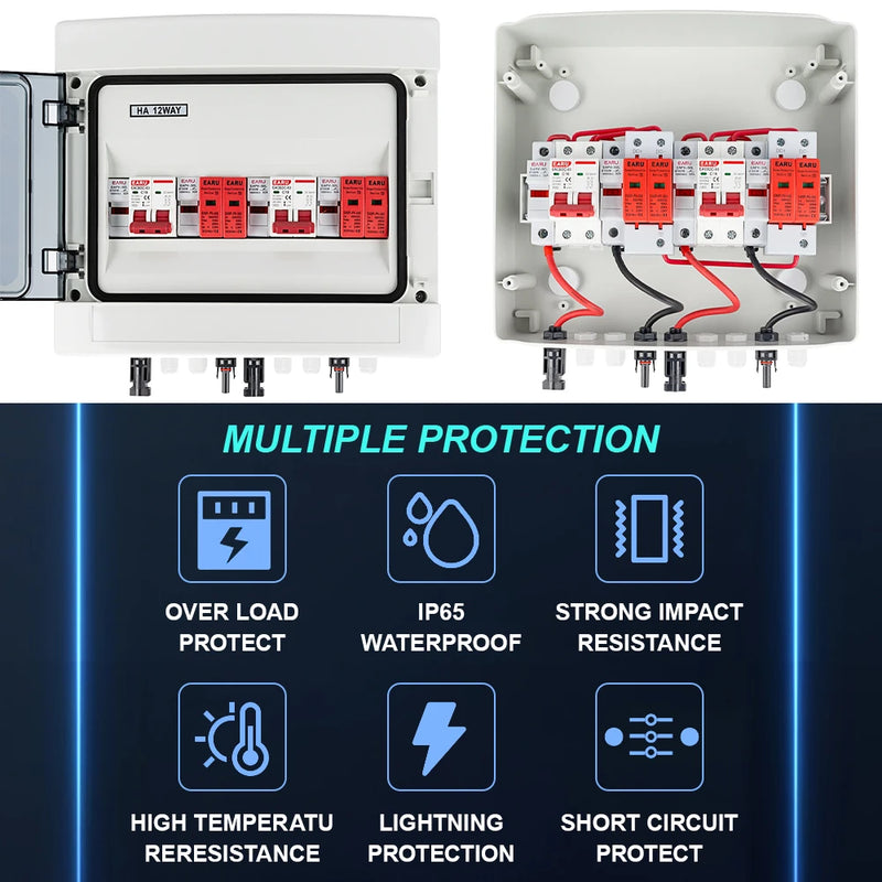 DC 500V 2 Input 2 Output Solar Photovoltaic PV Combiner Box With Surge Lightning Protection DC Fuse MCB SPD Waterproof Box IP65