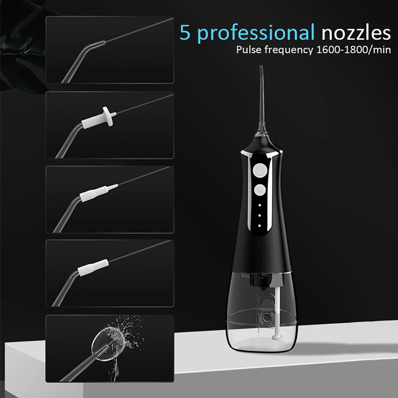 Portable Dental Water Jet Water Flosser High Pressure Irrigator Dental Floss Mouth Tooth Cleaner 1600-800 times/min 5 Nozzles