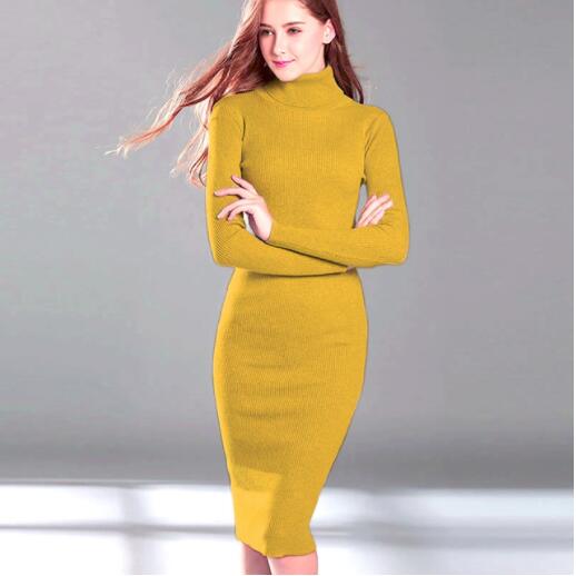 New Autumn Winter Women Knitted Dress Turtleneck Sweater Dresses Lady Slim Bodycon Long Sleeve Bottoming Dress Vestidos PP003