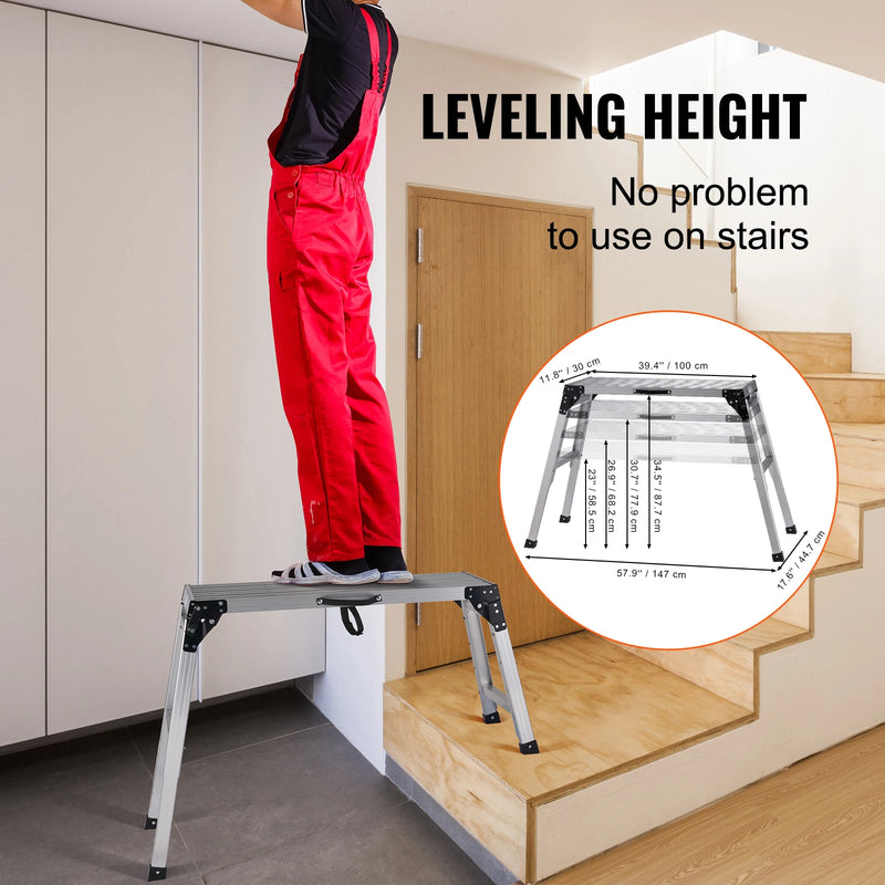 SucceBuy 330lbs Work Platform Adjustable Folding Aluminum Drywall Ladder Non-Slip Work Bench w/ Portable Handle