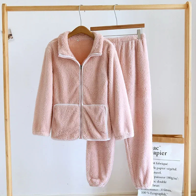 2025 Winter New Couple Sleepwear Set Flannel Zipper Long Sleeve Pants Two Piece Coral Plush Thickened Men's and Women's Home Fur