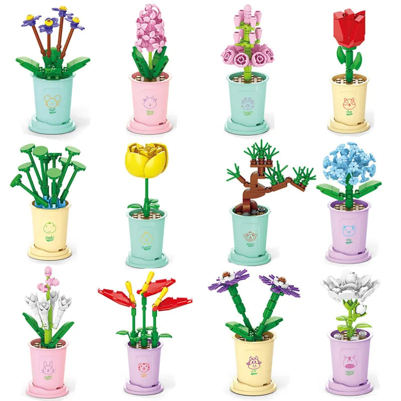 Creative Small Building Block Flower Art LeleBrothers Mini Potted Plant Gift For Girl Desk Decoration Simple Assembly Toys