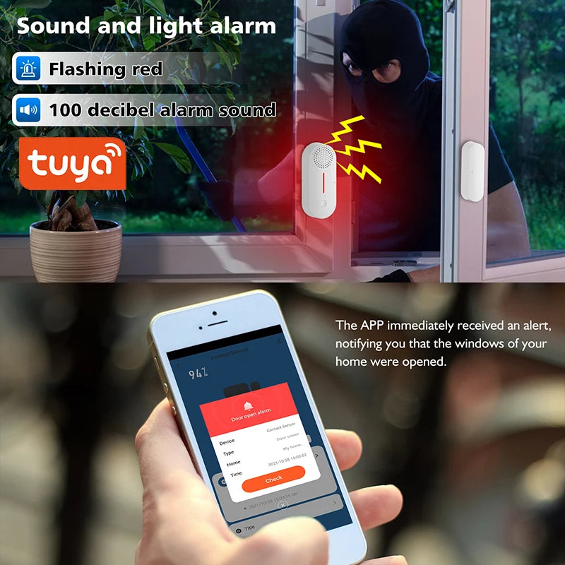 Tuya Smart WiFi Door Window Sensor Sound WiFi Security Alarm Door Open Closed Detectors APP Remote Control Timing Arm and Disarm