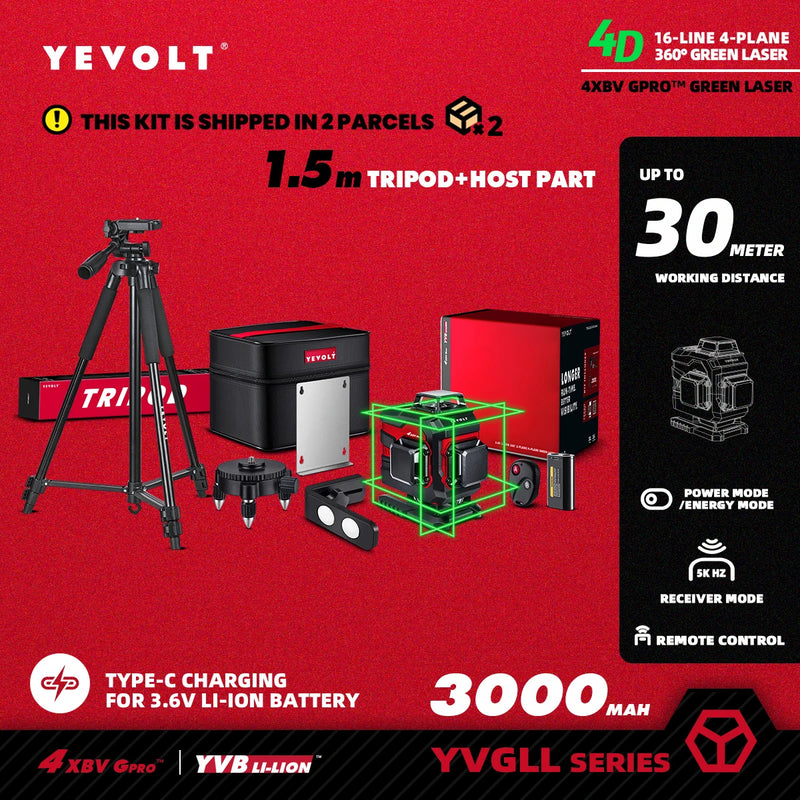 YEVOLT Laser Level Green Beam 4-Plane 16-Line Self-leveling 360 3D Ground-Hugging Horizontal & Vertical Tile Measuring Tools