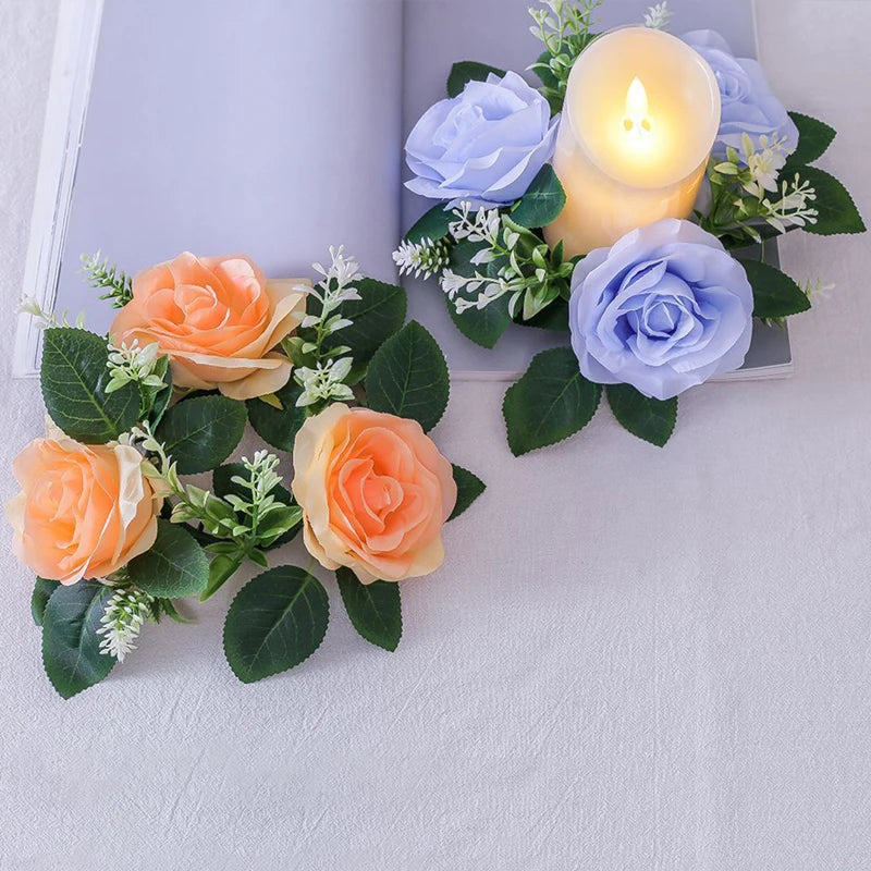 Wedding Candlestick Wreath Artificial Roses Candle Rings Wedding Table Decoration Silk Artificial Garland for Candle Home Decor