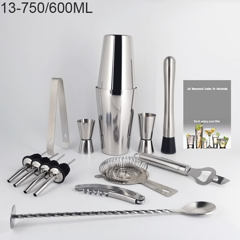 Boston Cocktail Shaker Mixer Kit Bar Bartender 750/600ml 550ML Stainless Steel Glass Shakers Spoon Pourer Straw Ice Tong Tools