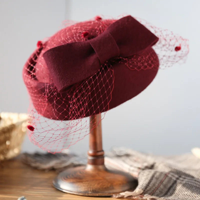 100% Wool Fashion Cashmere Top Bow Hat with Veil Photography Cocktail Tea Party Decoration Autumn Winter Hat