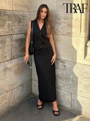 TRAF 2023 Summer Women Sets Fashion Single Breasted Vest Tops + High Waist Midi Long Skirts Casual Commute Slim 2 Pieces Sets