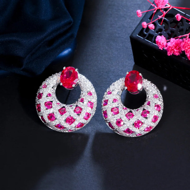 CWWZircons Top Hot Pink Red Cubic Zirconia Stone Women Round Big Party Wedding Drop Earrings Luxury Festive Jewelry CZ317