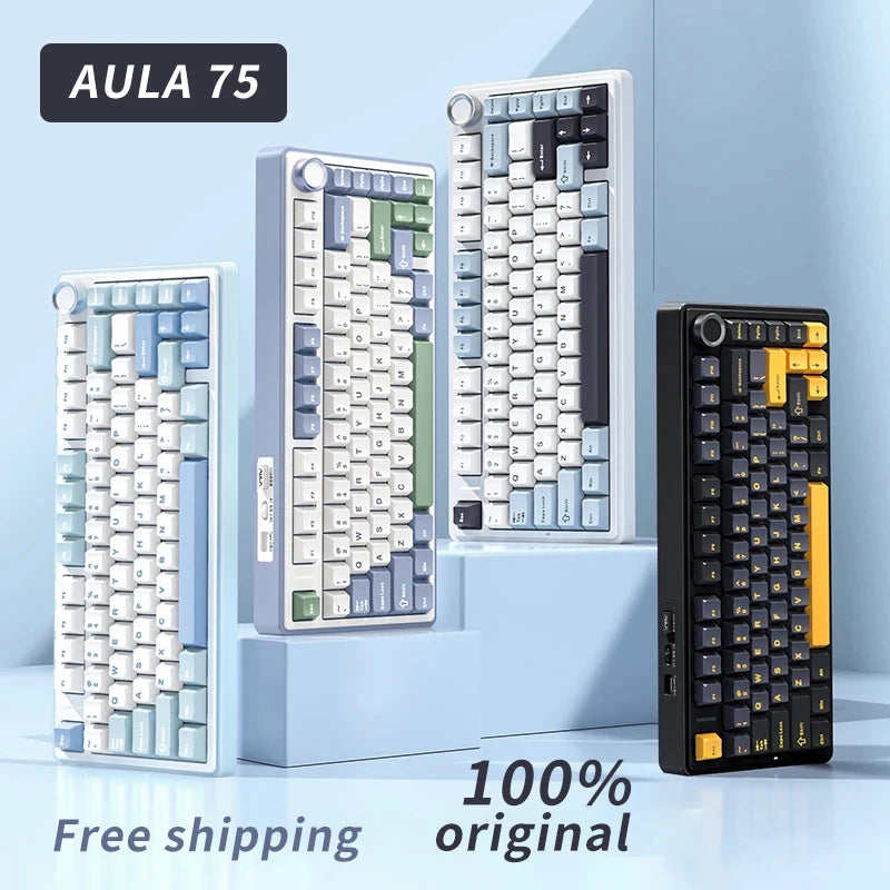 AULA F75 Mechanical Keyboard Wireless Bluetooth 2.4G Wired Tri-Mode Multifunctional Knob Hot Swap Laptop RGB PC Gaming keyboard