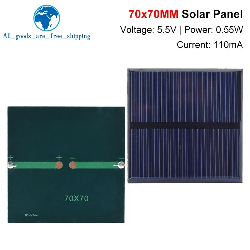 TZT 5.5V 110mA 0.55W Solar Panel Polycrystalline 70*70MM Mini Sunpower Solar System DIY for Battery Cell Phone Charger