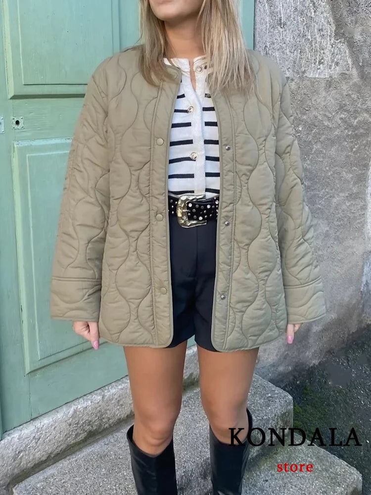 TRAFZA Streetwear Armygreen Oversized Long Jackets Women Long Sleeve O Neck Single Buttons Autumn Winter Coats Casual Outwears