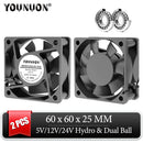 2 Pieces DC 5V 12V 24V 60mm 60x60x25mm Cooling Fan 6025 PC Computer Cooler Fan Axial Fan Sleeve Ball Bearing Industry Fans
