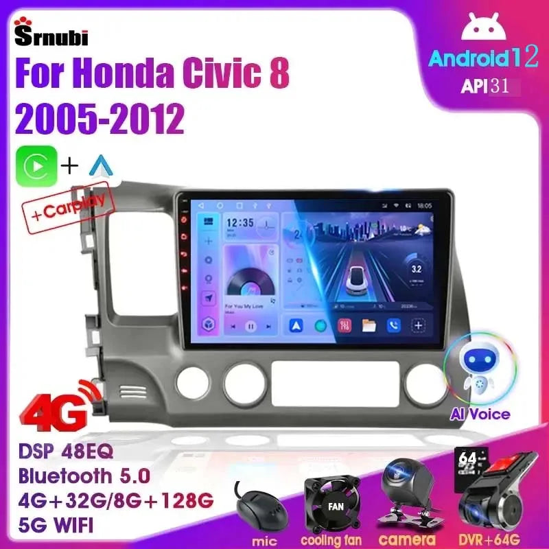 Android 12 Car Radio Multimedia for Honda Civic 8 2005-2012 GPS Navigation 2din DVD Stereo Carplay Speakers Head Unit Audio MP5