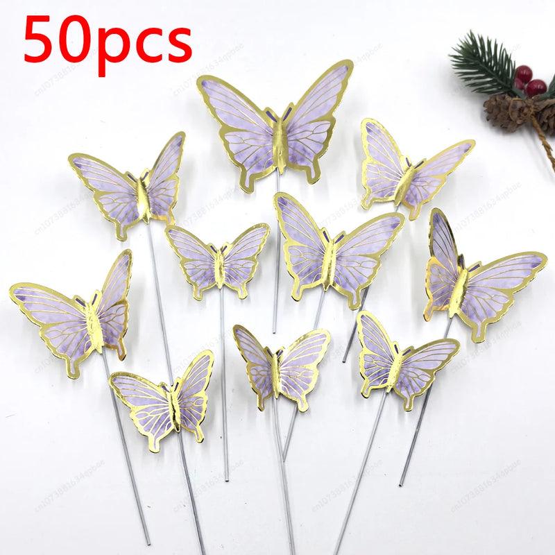 50pcs Butterfly Cake Decoration Gold Pink Butterfly Cake Toppers Birthday Wedding Anniversary Shower Baking Toppers