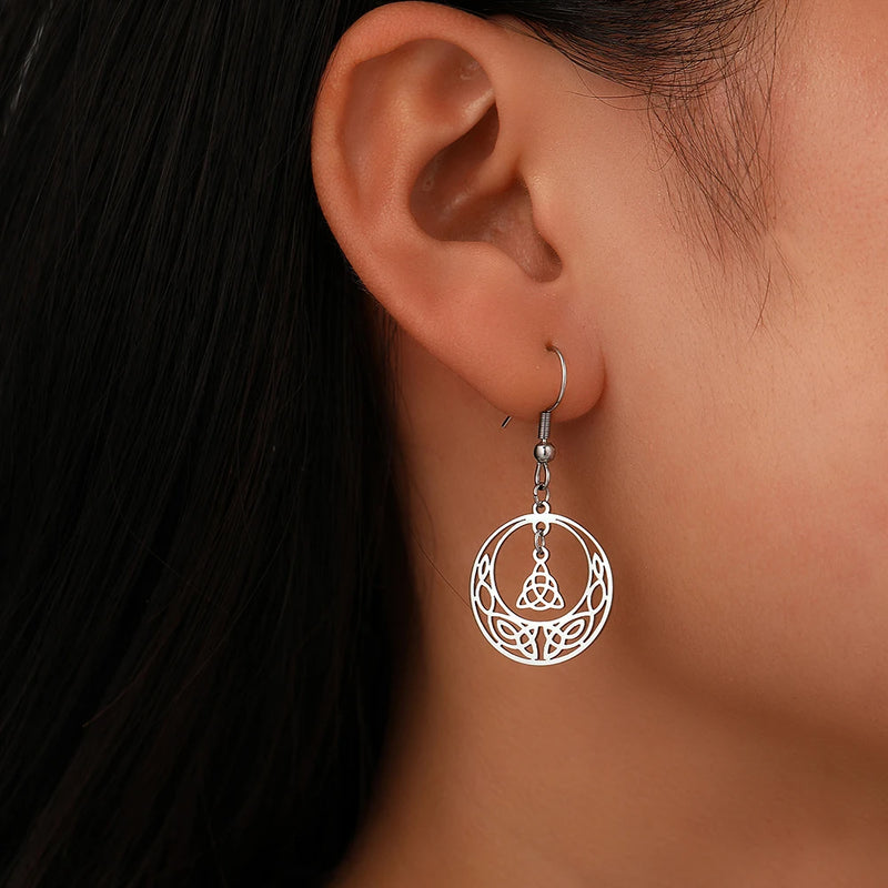 Stainless Steel Earrings Vintage Retro Pattern Design Triangle Fashion Pendants Earrings For Women Jewelry Light Luxury Gifts