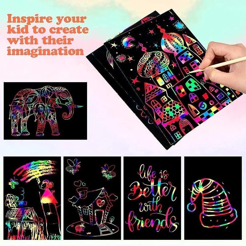Scratch Paper Art Set Rainbow Card Scratch Black Scratch It Off Paper Crafts Notes with Wooden Stylus Stencils for Kid DIY Gift