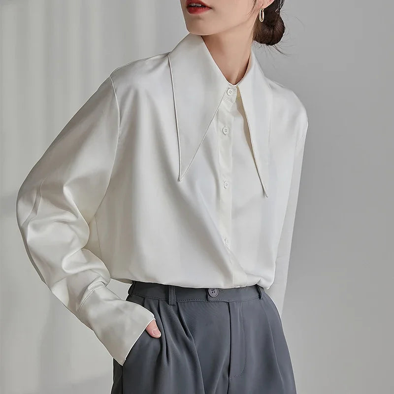 Long Sleeve White Satin Blouse Women Autumn New Fashion Loose Vintage Button Shirt Women Clothing Chic Office Lady Tops D86