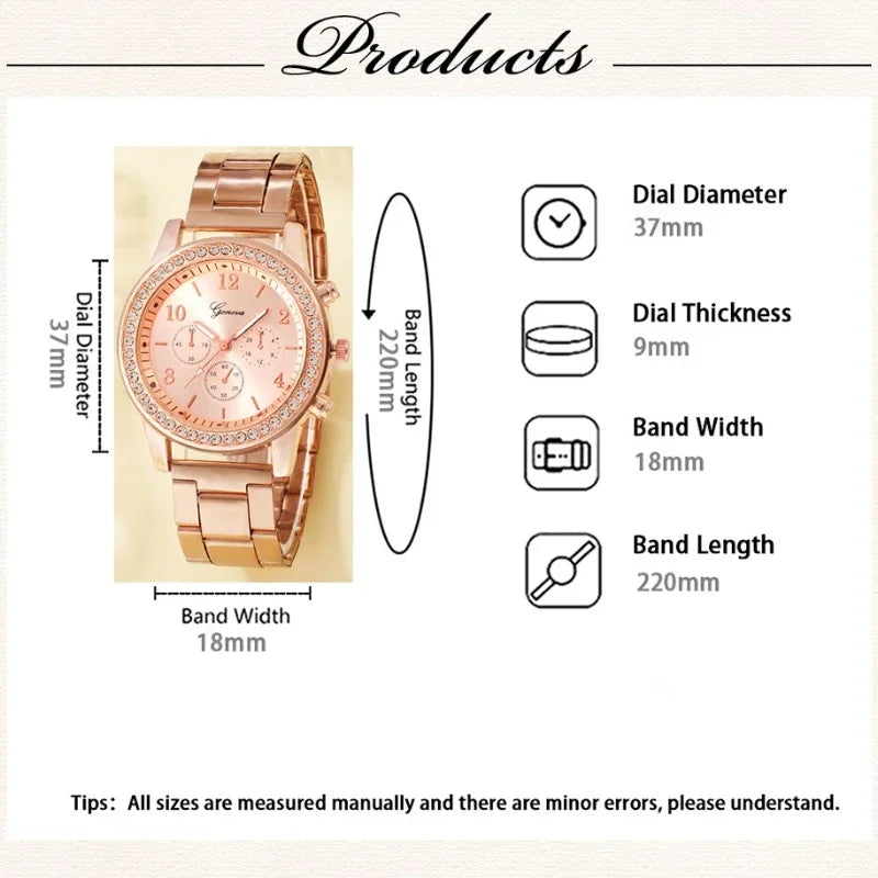6PCS Set Rose Gold Luxury Watch Women Ring Necklace Earring Rhinestone Wristwatch Casual Ladies Bracelet Watches Reloj (No Box)