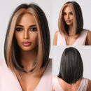 JONRENAU Middle Long Straight Hair with Bangs Ombre Brown to Blonde Wig Dark Roots Synthetic Wigs for Women Heat Resistance Hair