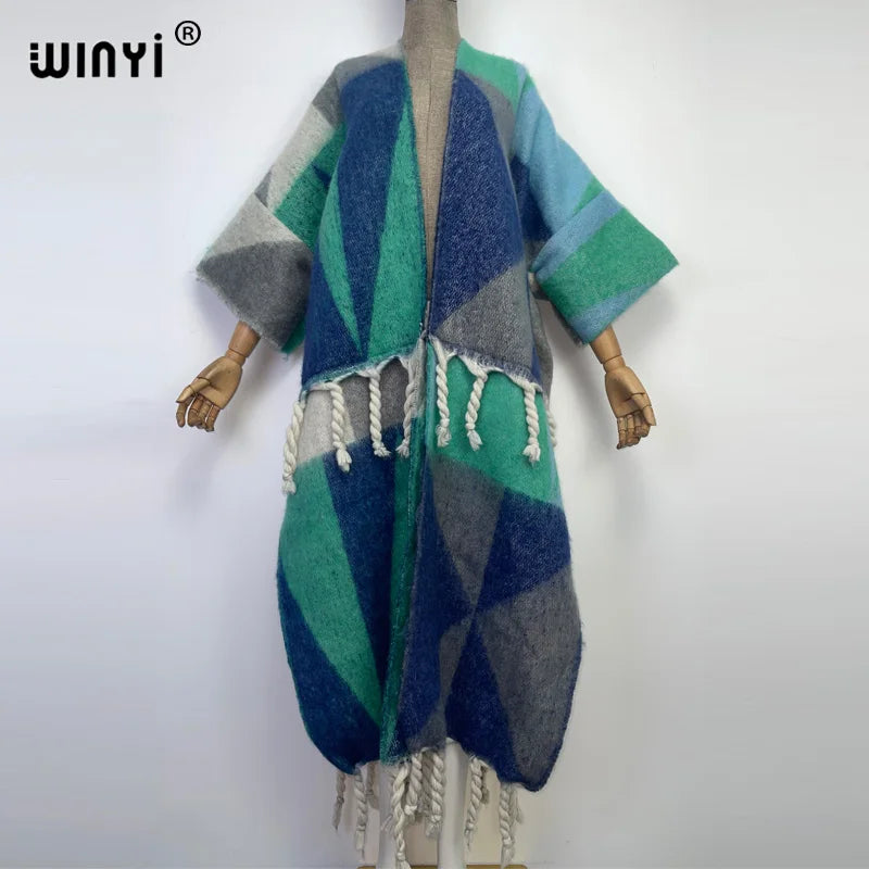 2022 WINYI Winter Women tassel Cardigan coat Loose Christmas dress robe longue Thick Warm free size Middle East Female Kaftan