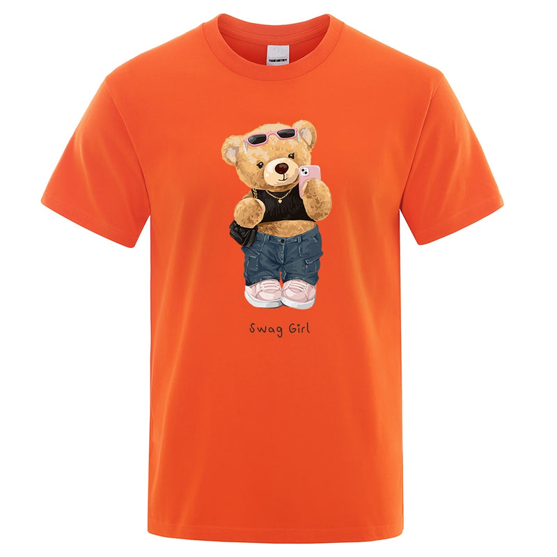 Street Teddy Bear Selfie Swag Girl  Prints Men Tops Fashion Summer T Shirt Mens Short Sleeve Hip Hop Streetwear