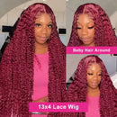99j Burgundy 100% Human Hair Deep Wave 13x6 Lace Frontal Wig Water Wave Frontal Wig Curly Wigs  200 Density Women's Wigs 52 Inch