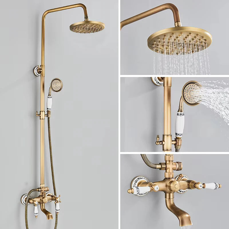 Retro Shower System Antique Brass Rainfall Shower With Handheld Shower Tub Spout For Bath Shower