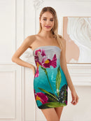 Women Sexy V-Neck Lace Bodycon Dress Elegant Sleeveless  Fit Cocktail Party Evening Mini Dress with Floral Print