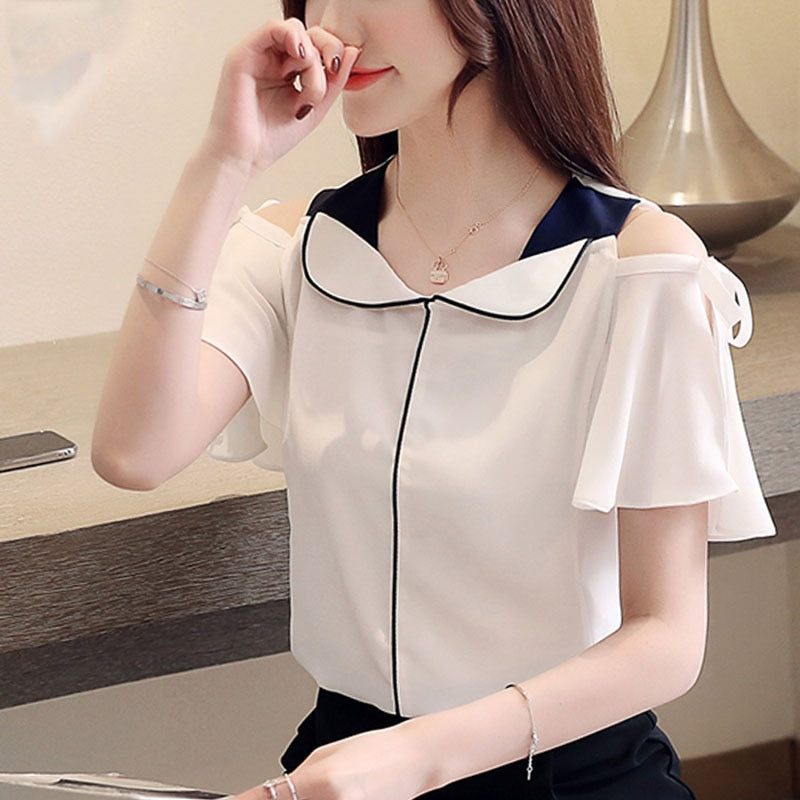 Fashion Women Blouse And Tops 2023 White Blouse Shirts Ladies Tops Chiffon Shirts Chiffon Blouse V-Neck Flare Sleeve 3630 50