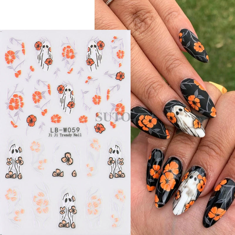 5D Embossed Halloween Nail Stickers Skull Chams Spooky Flower Ghost Nail Decals Spider Web Skeleton Sliders for Manicure NTJI-5D