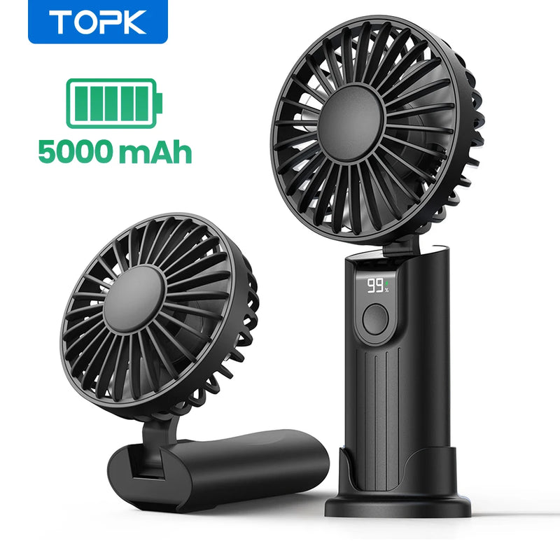 TOPK 5000mAh Mini Portable Fan USB Rechargeable Hand Held Fan,Small Pocket Fan 3 Speeds with Lanyard &Base,USB Desk Fan Foldable