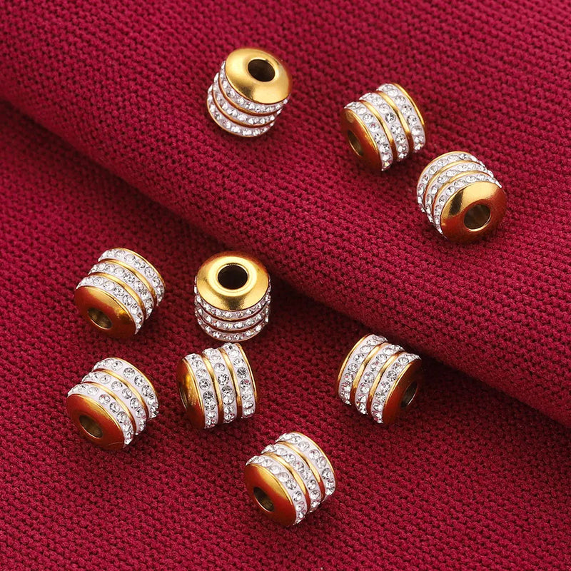 5pcs 8mm Stainless Steel 3 Rows Rhinestones Round Tube Charm Beads Crystal for Jewelry Making Diy Material	Make Up Needlework