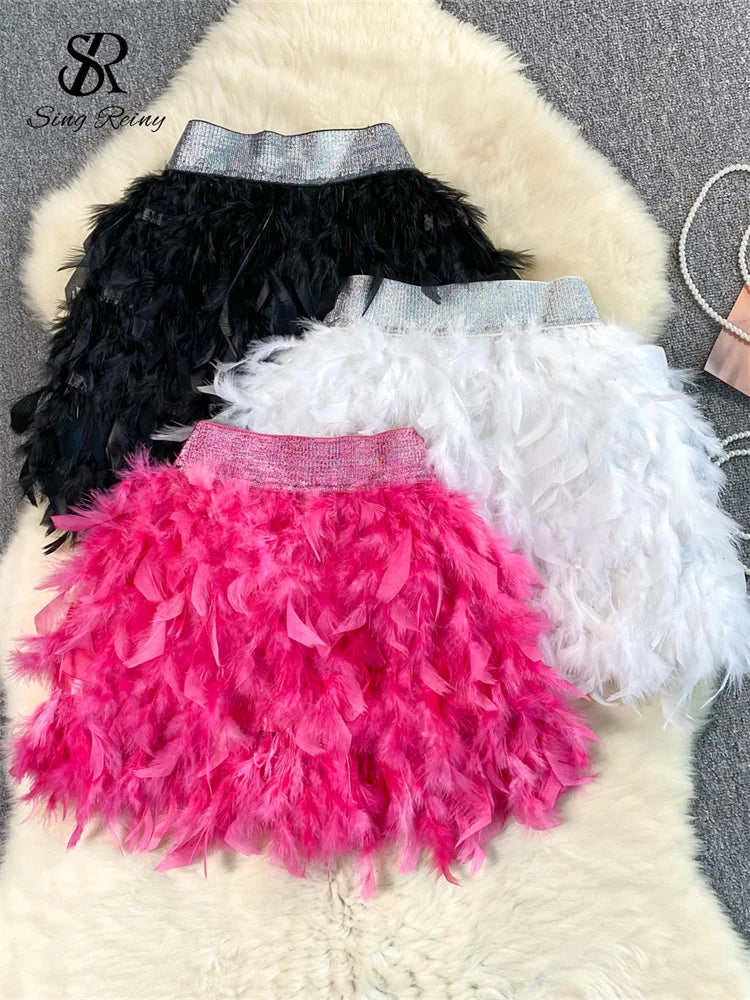 SINGREINY Senior Birthday Party Skirt High Quality Elastic Waist Mini Skirt Fairy Style Sweet Feather Splicing Ball Gown Skirt