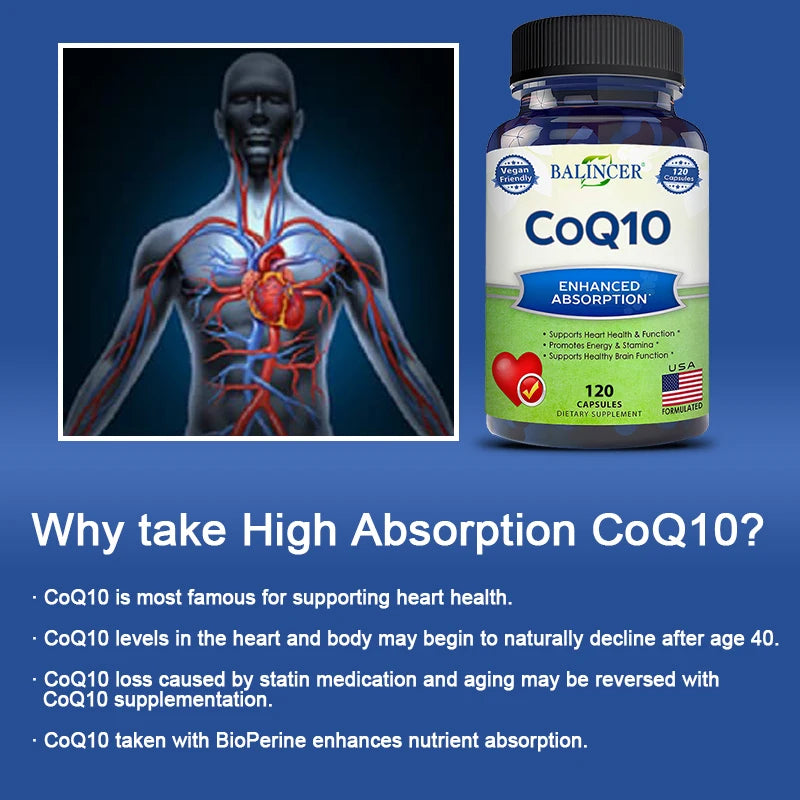 Organic Ultra High Absorption COQ10 Coenzyme Q10 Vascular and Heart Health Blood Pressure Balance Support Energy Brain Function