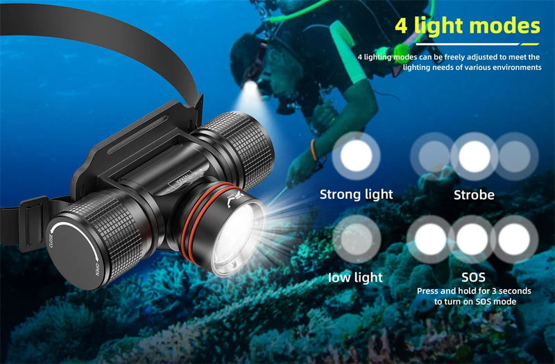 Scuba Diving Headlight Headlamp White Laser LED High Power Head Flashlight IPX8 Waterproof Underwater Dive 18650 Head Light