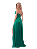 Green Red Satin V Neck 2 Splits Party Dress Backless Sexy Maxi Dress Empire Sleeveless Night Club Long Dresses