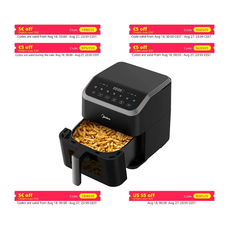 Midea Hot Air Fryer, 5L Capacity, HeatXpress Technology, 90% Less Oil, Energy and Time Saving with 7 Presets, MAD55F8APK