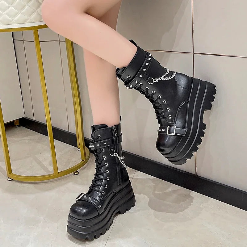 Platform Thick Gothic Boots Lady Buckle Autumn Shoes Women Wedges Knee High Boots Punk Street Cosplay Botas Motorcycle Chain