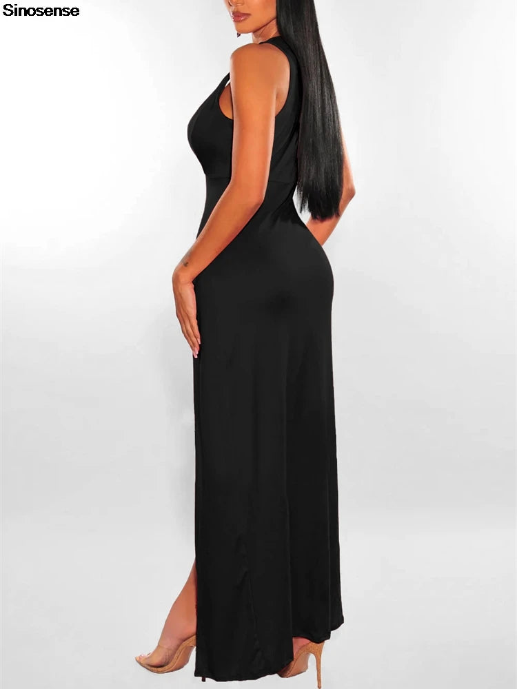 Womens Side Split Deep V Neck Bodycon Clubwear Maxi Vest Dress Sexy Sleeveless Bandage Slim Evening Cocktail Party  Long Dress