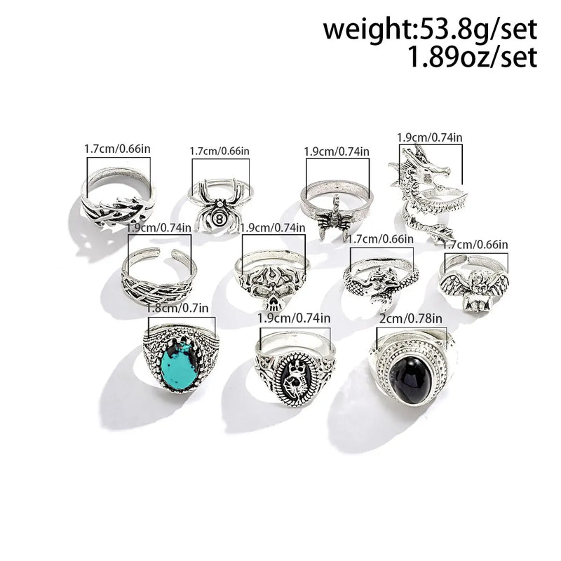 11Pcs/Set Gothic Punk Winged Spider Devil Eye Rings Male Vintage Skeleton Finger Ring Halloween Christmas Jewelry Steampunk Men