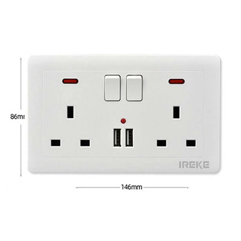 Double Wall Plug Socket 2 Gang 13A w/ 2 Charger USB Ports Outlets Flat Plate UK