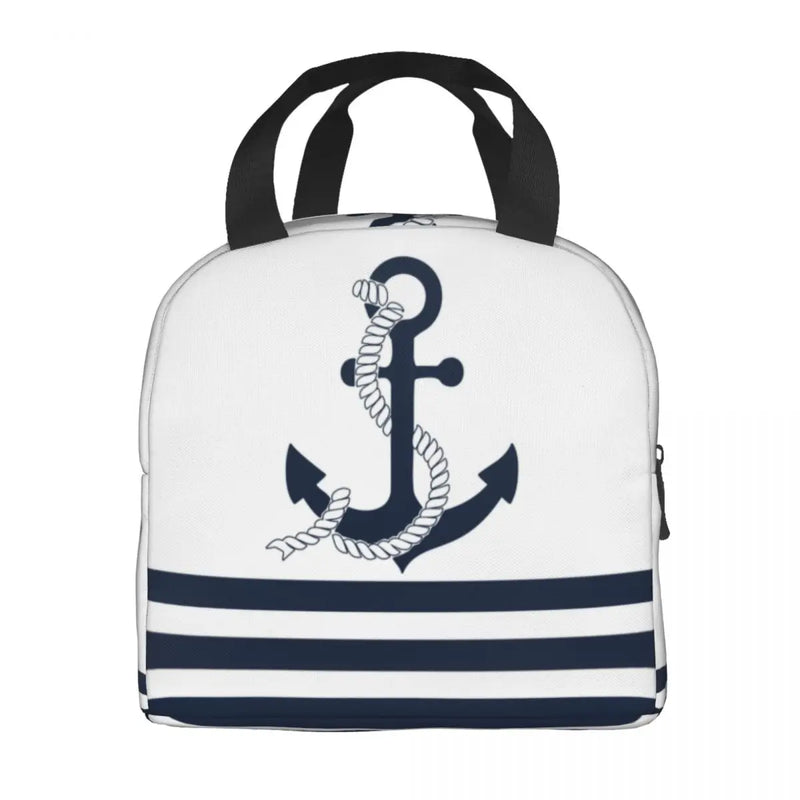 Nautical Blue Anchors With Blue And White Stripes Thermal Insulated Lunch Bags Sailing Sailor Resuable Multifunction Food Box