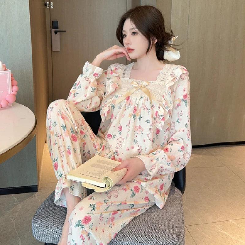 Lady Sweet Style Y2k Cartoon Women's Pajamas Bubble Cotton Bow Square Neck Female Nightgown 2024 Autumn New Youth Chic Sleepwear