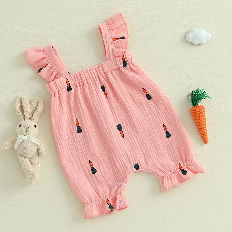 Toddler Boys Easter Outfits Bunny Print Short Sleeve Rompers Summer Clothes Jumpsuits with Carrot Applique