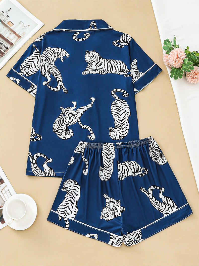 Tiger print pajama set button-down cardigan lapel short elastic waistband shorts women's loungewear
