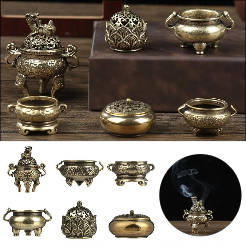 Incense Burner Mini Qilin Head Hollow Lotus Retro Brass Censer Cense Stick Holder Chinese Ancient Style Home Desktop Decor Craft