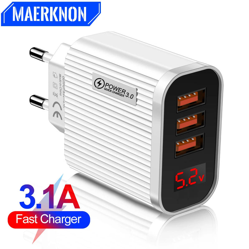 Quick charger 3 Ports Digital Display USB Charger for iPhone 13 Pro Max Xiaomi12 Samsung 5V 3A Fast Charging Wall Phone Chargers